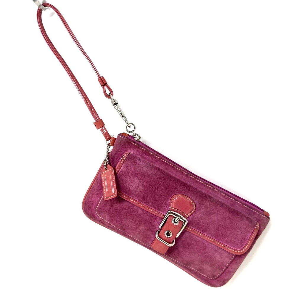 VTG Coach Soho Suede Wristlet Rose Y2K Buckle Clutch Bag Charm Silver Hardware